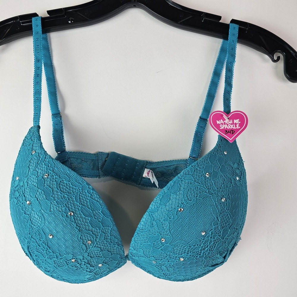 It's Just a Kiss Blue Bra Lace Underwired Size 34D Push Up NWT Rhinestone Bling